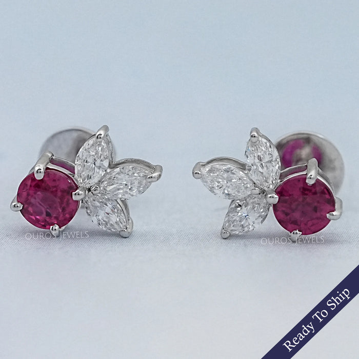 Ruby Round  And Marquise Lab Diamond Stud Earrings