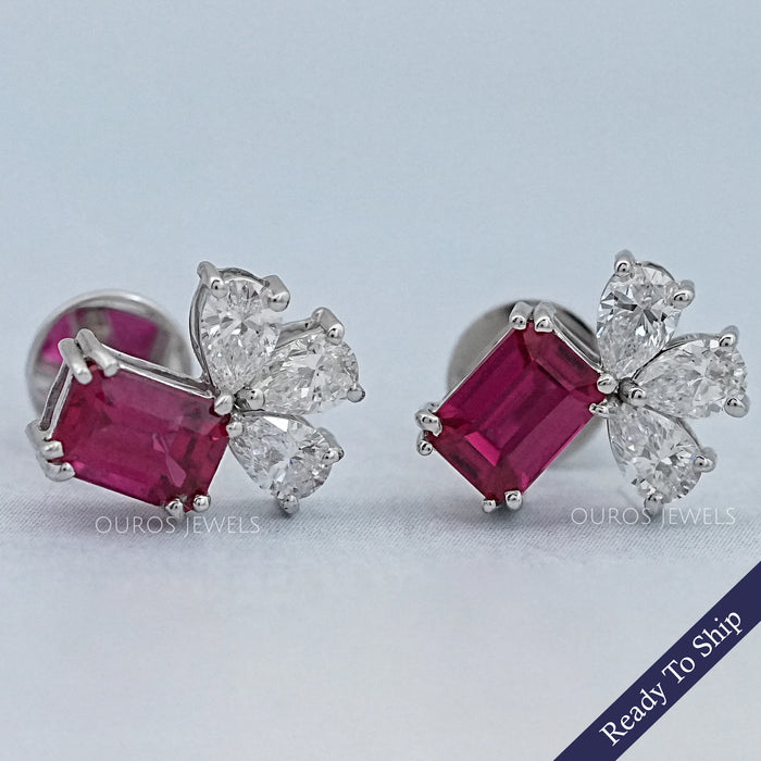 Ruby Emerald Gemstone And Pear Diamond Earrings