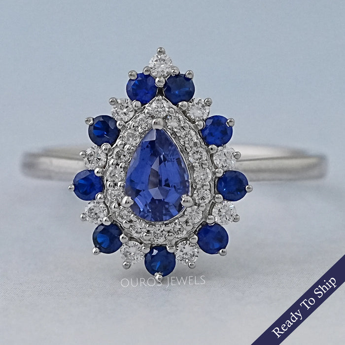 Sapphire Pear And Double Halo Engagement Ring