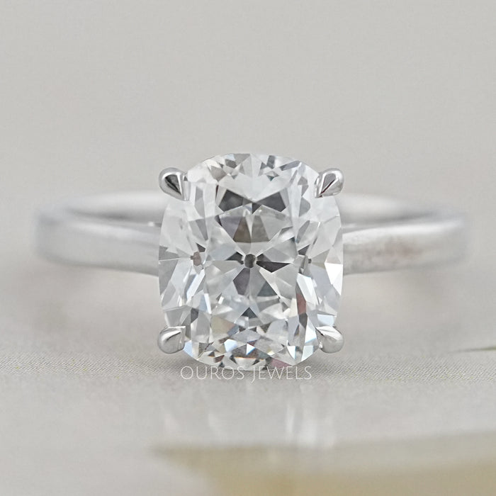 top view of old mine cushion cut lab diamond solitaire engagement ring