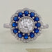 top view of old european round cut diamond sapphire halo engagement ring