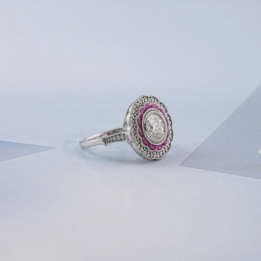 old european round cut pink half moon halo gemstone engagement ring's side view