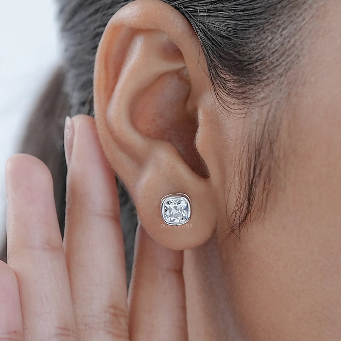 Square Old Mine Cushion Diamond Bezel Stud Earrings
