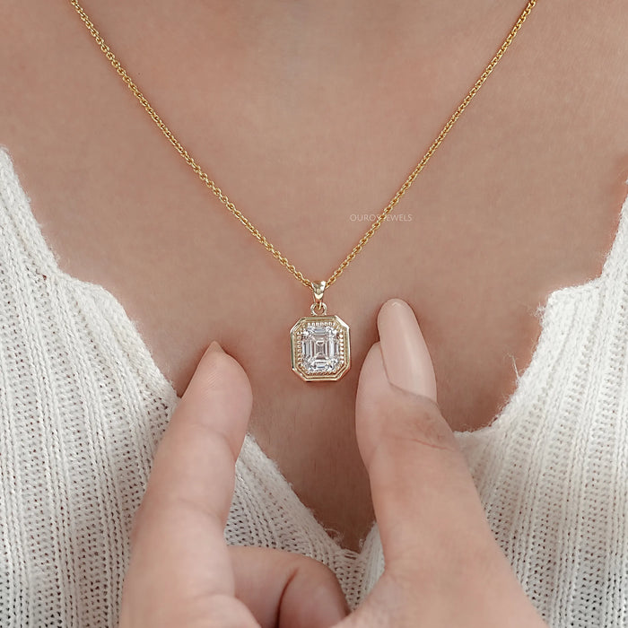 Old Mine Emerald Lab Diamond Milgrain Bezel Set Pendant