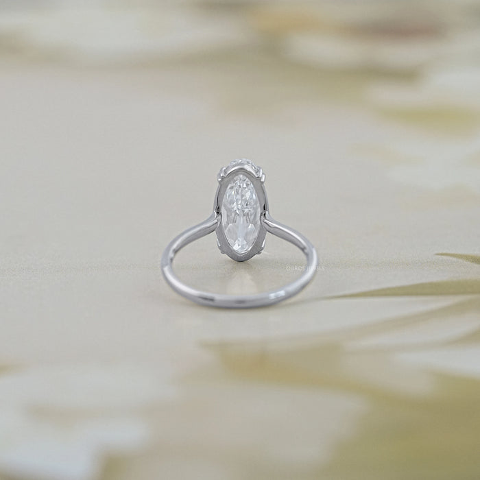 back view of old mine moval cut lab diamond solitaire engagement ring
