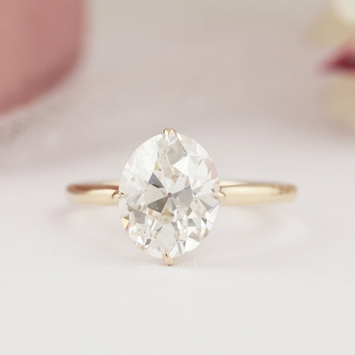 top view of old mine oval cut lab diamond solitaire wedding ring
