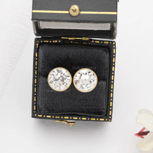 old european cut diamond milgrain bezel stud earrings yellow gold on box