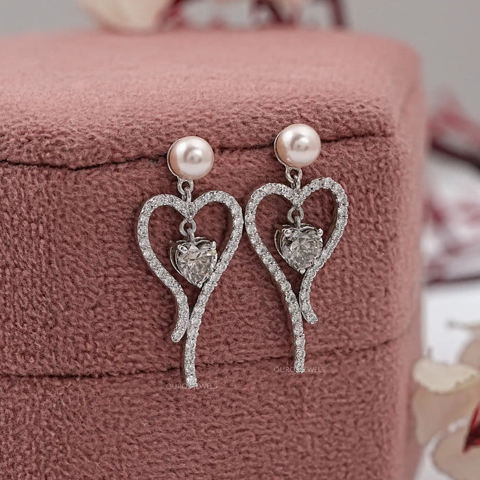 peach colored pearl with heart diamond drop earrings