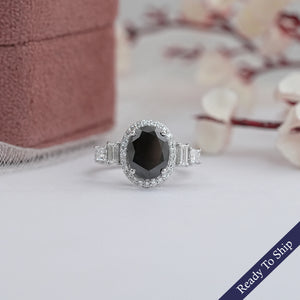 Black Oval Cut Halo With Accent Diamond Ring