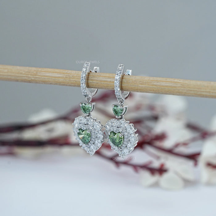 Green Heart Diamond Halo Set Dangle Earring