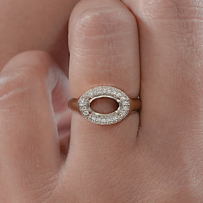 front view of east west oval shape double halo semi mount wedding ring