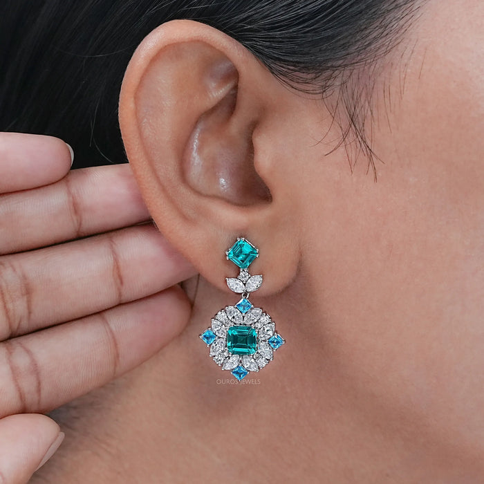 Asscher Paraiba Lab Gemstone Diamond Cluster Drop Earrings