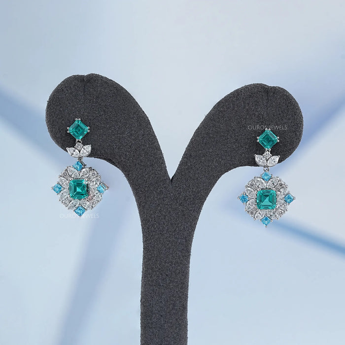 Asscher Paraiba Lab Gemstone Diamond Cluster Drop Earrings