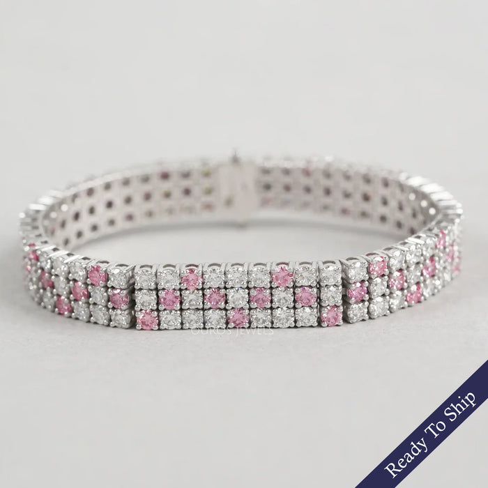 Three Row Pink Round Diamond Tennis Bracelet