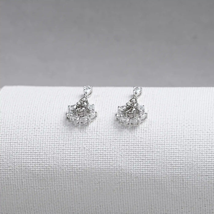 Olive Pear And Round Lab Diamonds Halo Drop Earrings