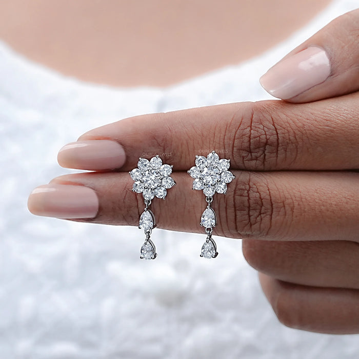 Round Diamond Halo Flower Drop Earrings