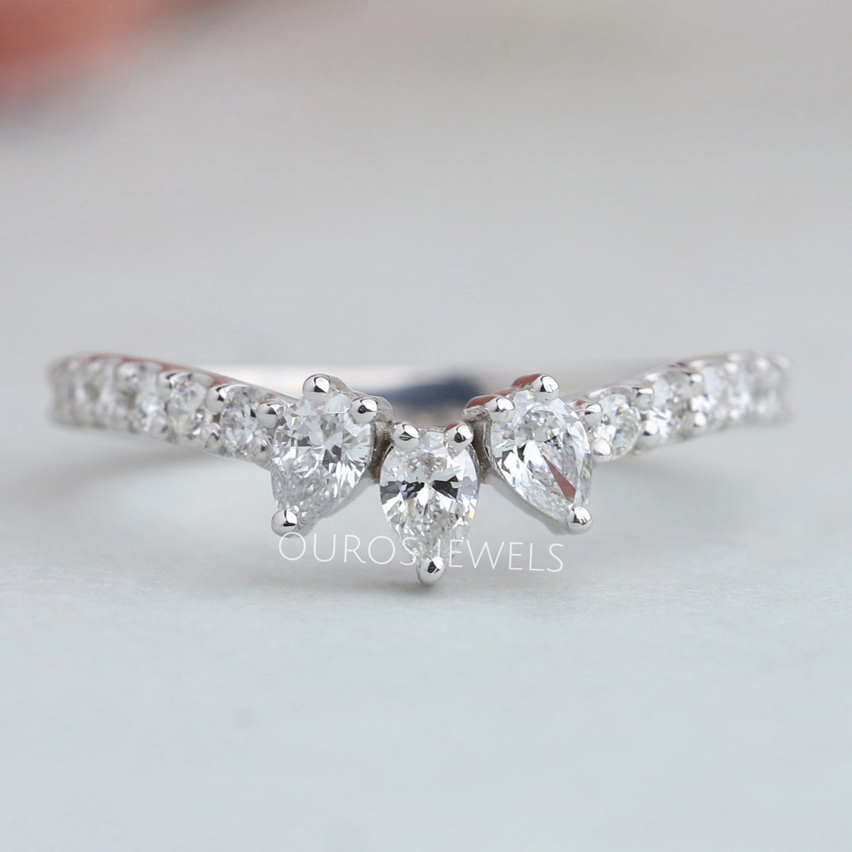 Three Stone Pear Diamond Curved Wedding Band — Ouros Jewels