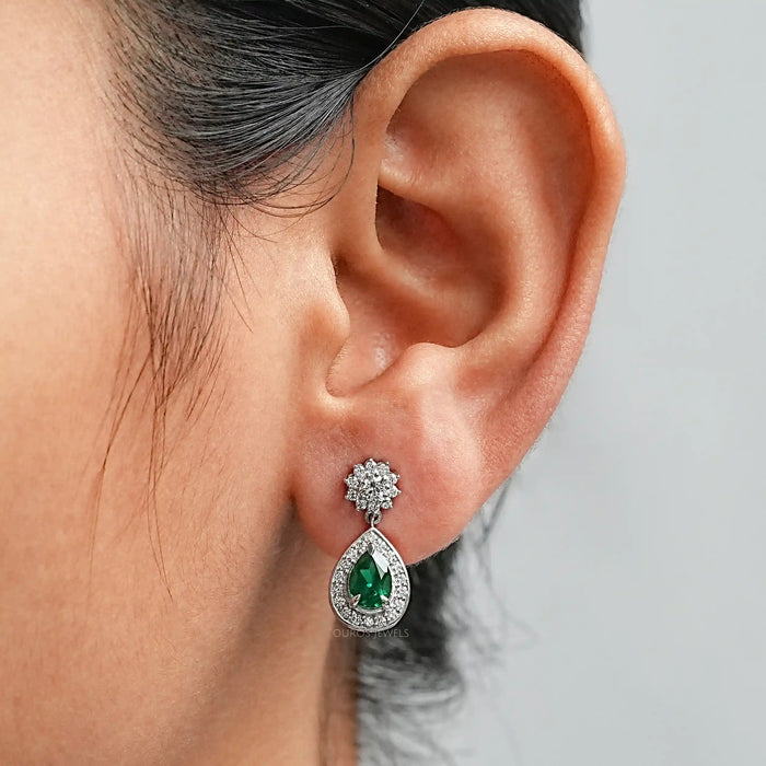 green pear halo drop earring