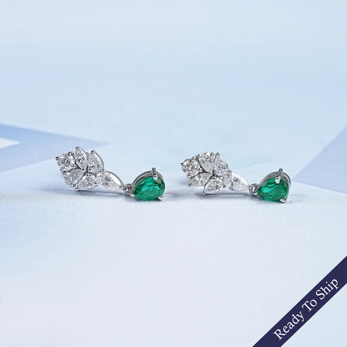 Green Emerald And Pear Diamond Cluster Earrings — Ouros Jewels