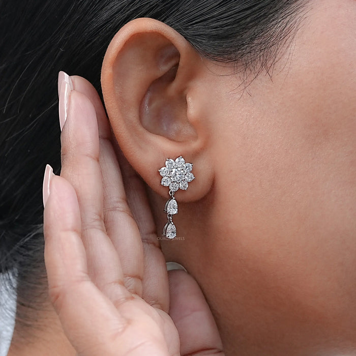 Round Diamond Halo Flower Drop Earrings