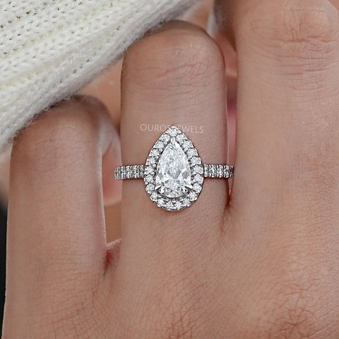 front view of pear cut lab diamond halo eternity wedding ring