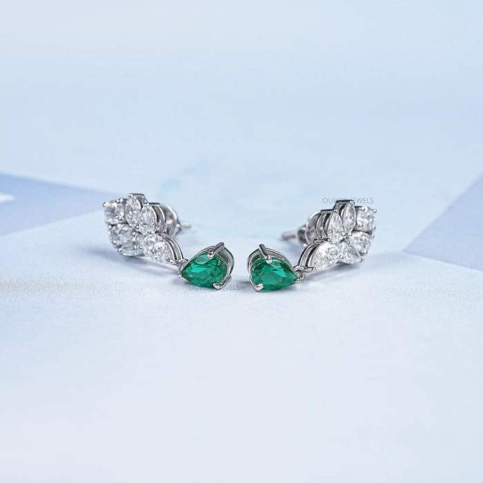 Emerald  With Diamond  Cluster  Pear Drop Earrings