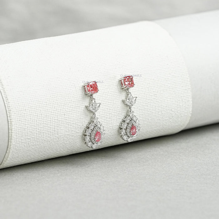 Pink Diamond Double Halo Pear Dangle Earrings