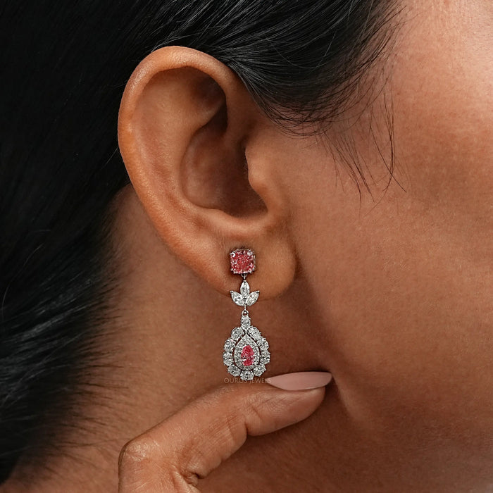 Pink Diamond Double Halo Pear Dangle Earrings