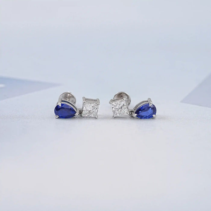 Pear Sapphire And  Princess Diamond Two Stone Earrings