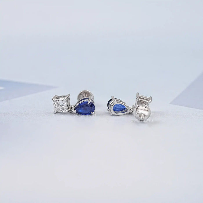 Pear Sapphire And  Princess Diamond Two Stone Earrings