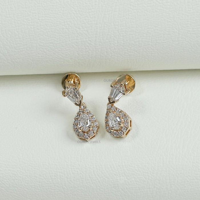 Halo Diamond  Step Cut Pear Dangle Earrings