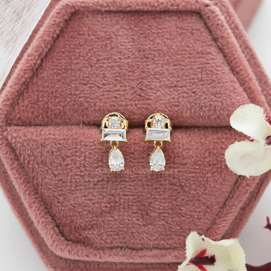 [Pear and Baguette Diamond Earrings]-[Ouros Jewels]