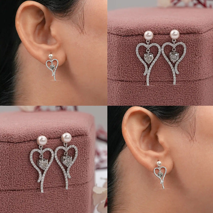 pearl and heart diamond drop earrings