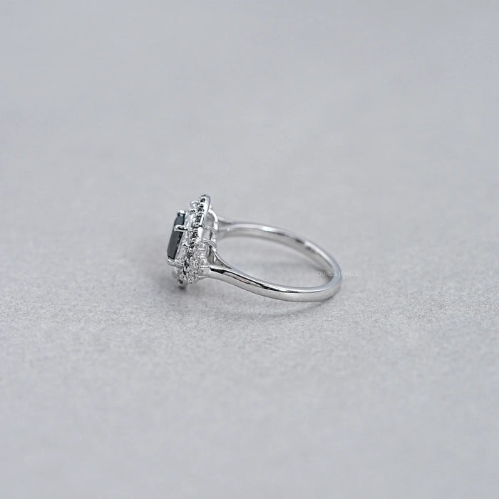 side view of princess cut black diamond half moon halo engagement ring