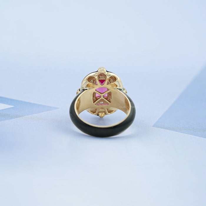 back view of pink baguette-cut lab diamond enamel halo cocktail ring
