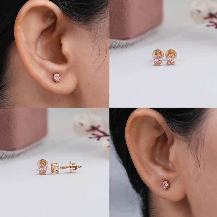 Fancy Pink Stud Earrings, 14K Yellow Gold Oval Stud