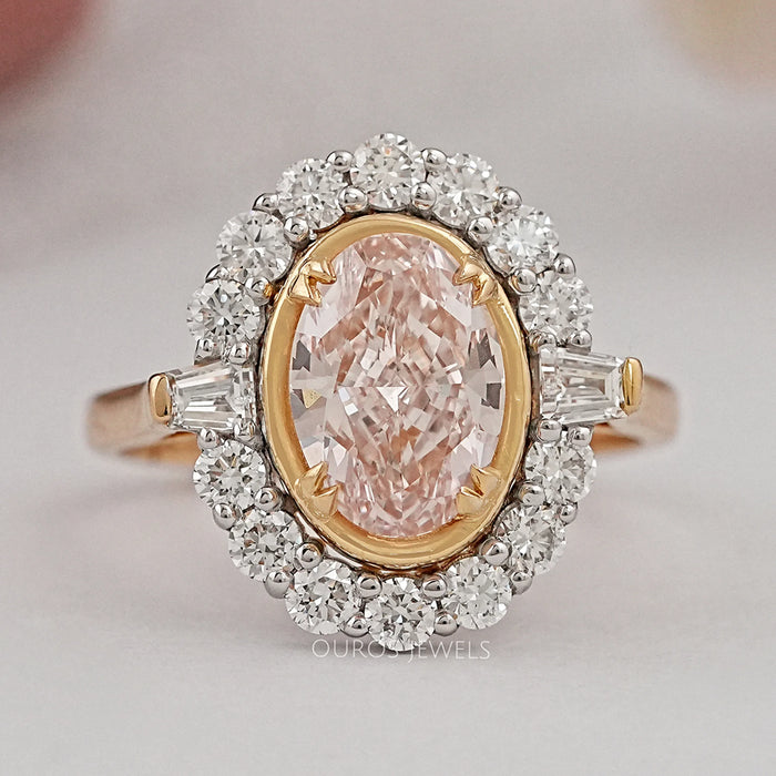 pink oval cut lab diamond halo engagement ring's front angle view