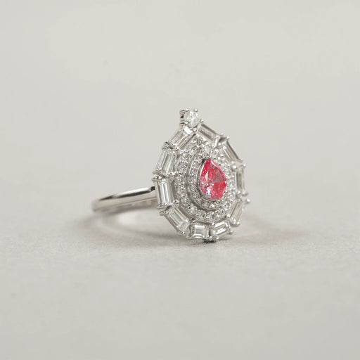 pink pear with baguette and round diamond double halo wedding ring's side view