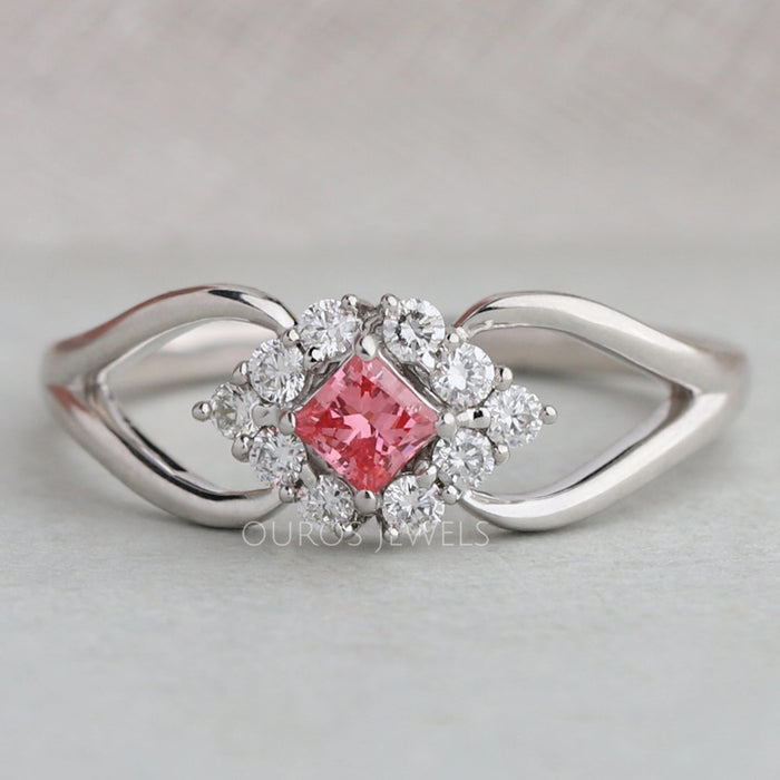 front view of pink princess-cut lab diamond halo split shank engagement ring