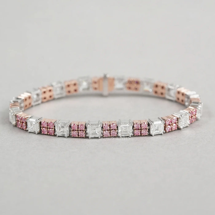 Asscher Cut  Pink Round  Lab Diamond Tennis Bracelet