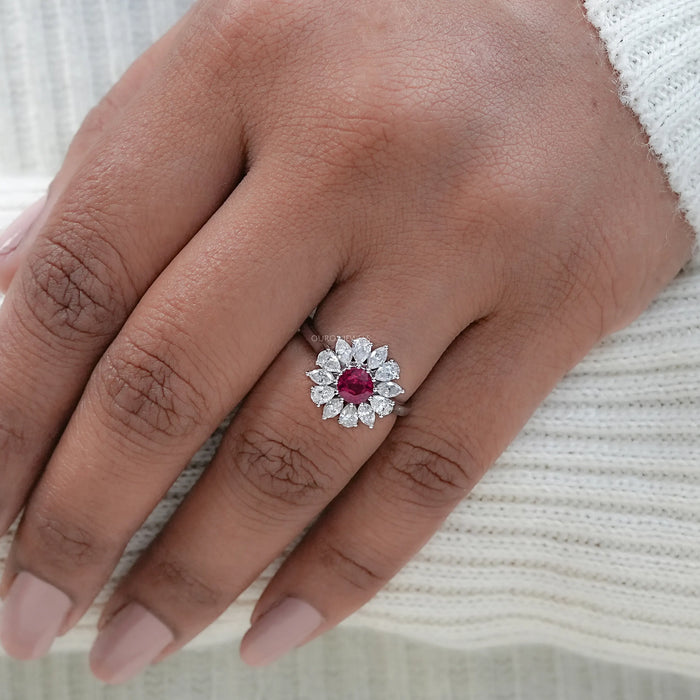 Ruby Round And Lab Diamond Floral Halo Engagement Ring