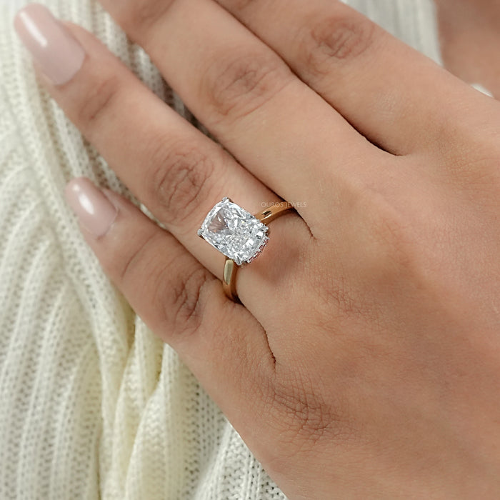 cushion-cut lab diamond pink hidden halo solitaire colored wedding band in finger