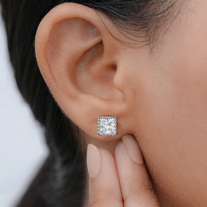 Milgrain Set Princess Lab Grown Diamond Stud Earrings