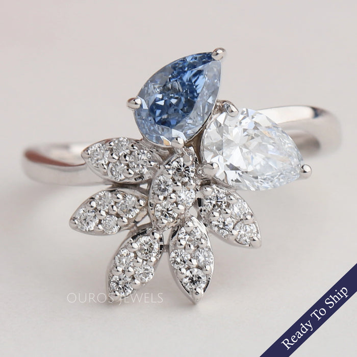 Flower Shape Blue Pear And Round Cut Cluster Diamond  Ring