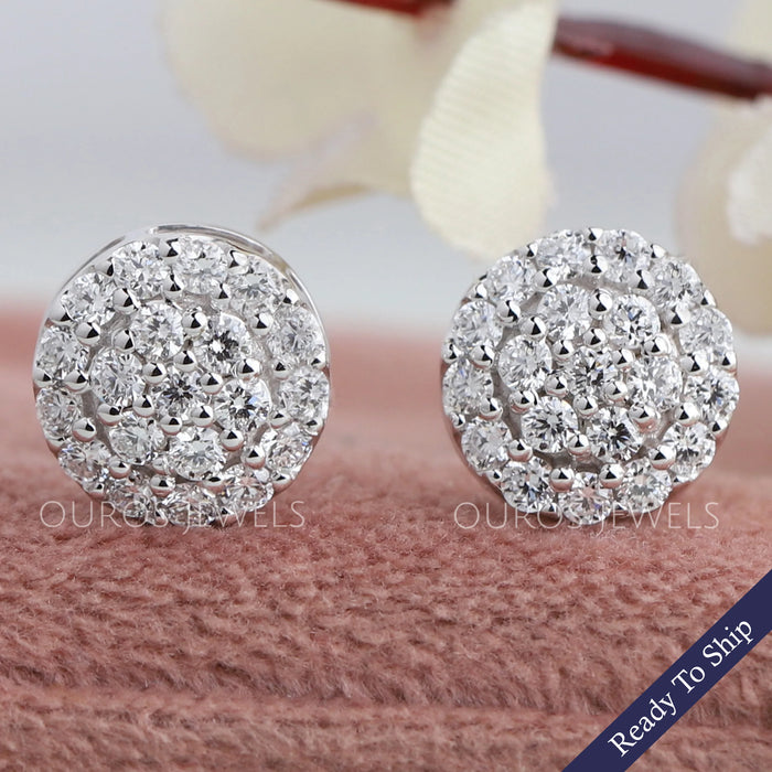 Pave Set Round Diamond Halo Stud Earrings