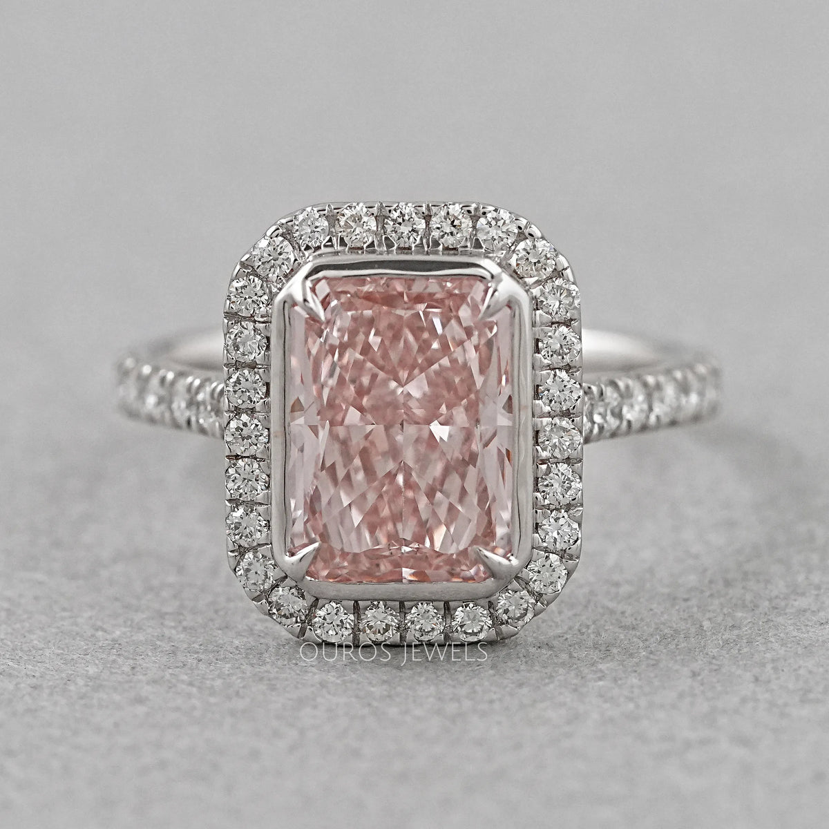 Fancy Pink Radiant Cut Diamond Halo Ring — Ouros Jewels