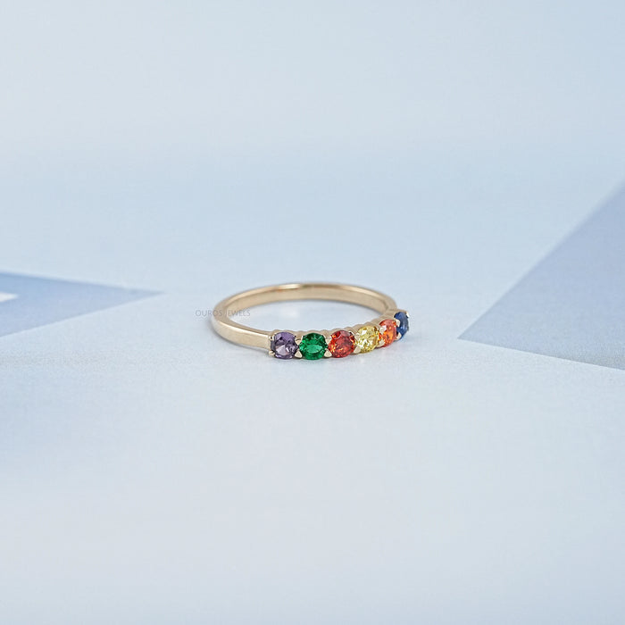 Rainbow Round Gemstone Dainty Wedding Ring