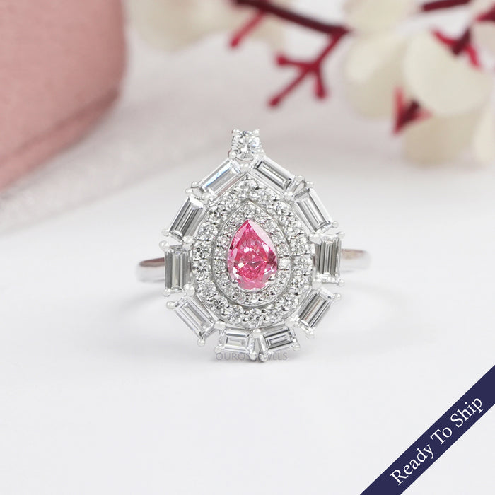 0.40 CT Pink Pear Cut Lab Diamond Double Halo Ring