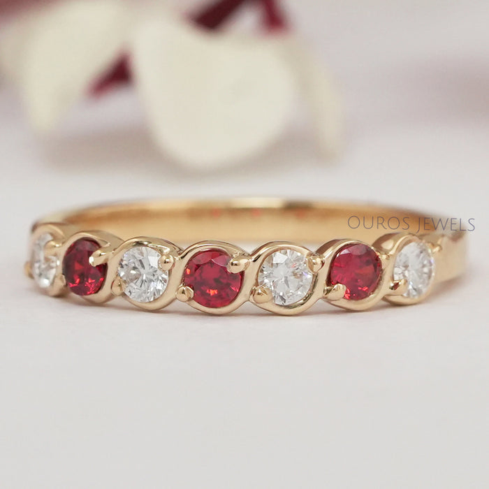 Red Gemstone Round Cut Lab Diamond Half Eternity Band