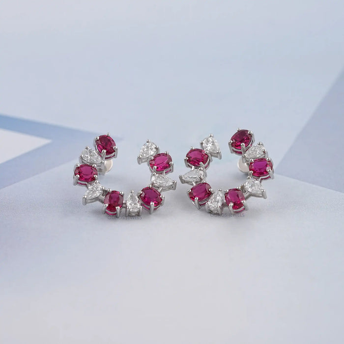 Pear and Red Oval Diamond Stud Earring